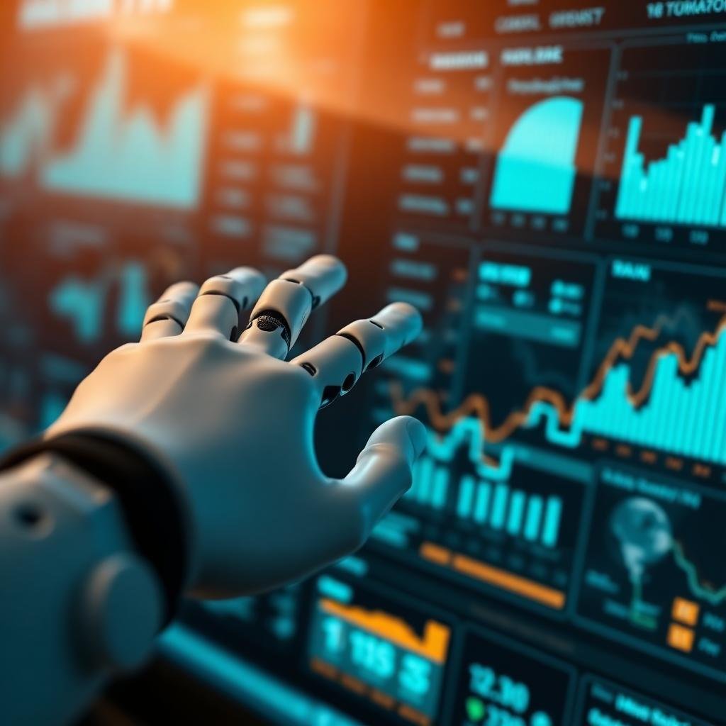 Robotic hand reaching towards a data analytics dashboard