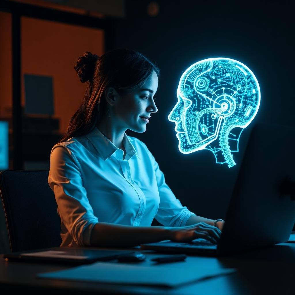 Consultant working with an AI hologram interface