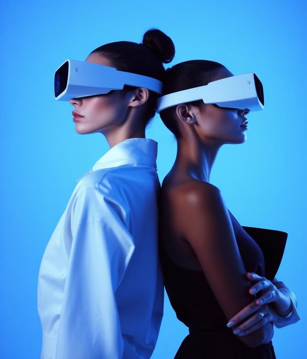 Two people wearing augmented reality smart glasses