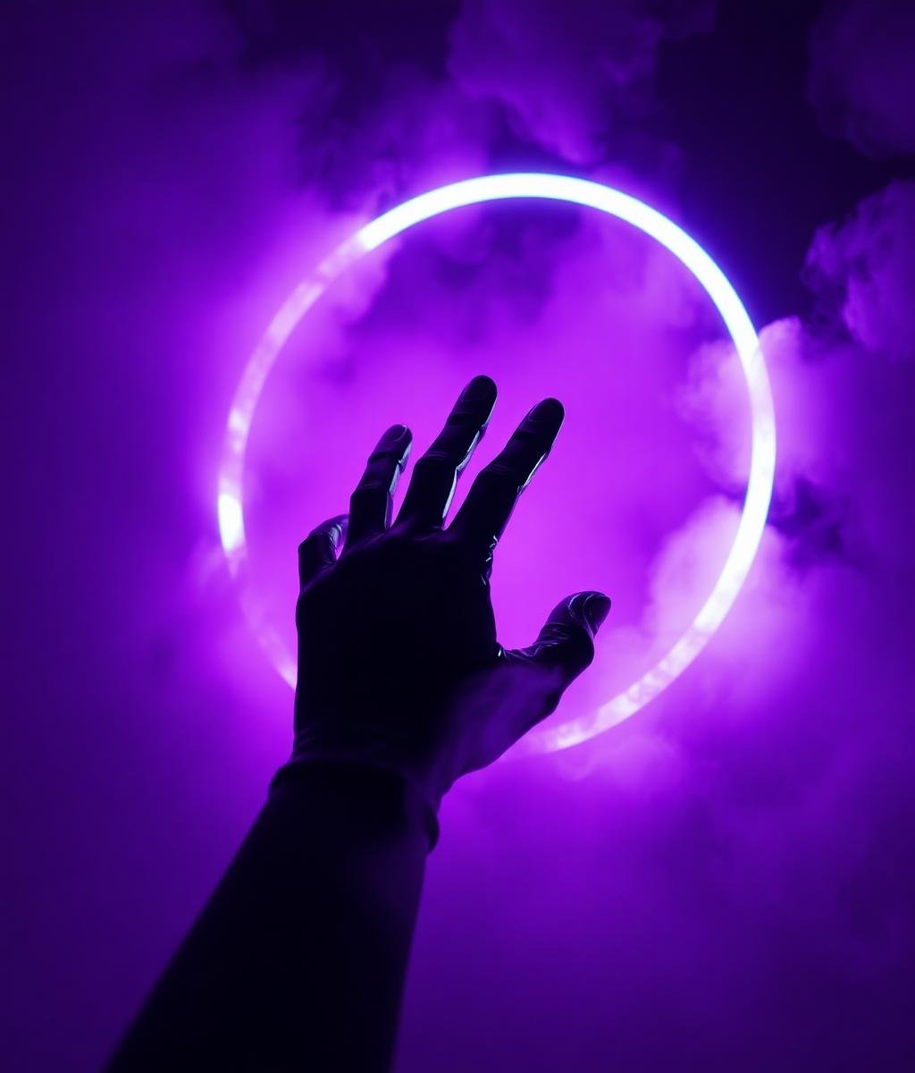 Robotic hand reaching for a glowing neon ring