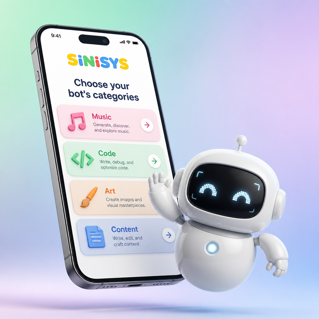Sinisys chatbot app showing bot categories on a smartphone with the robot mascot