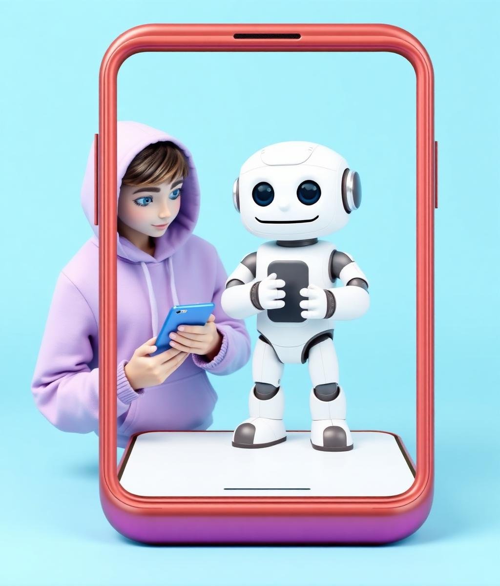 Chatbot mascot inside a smartphone beside a user