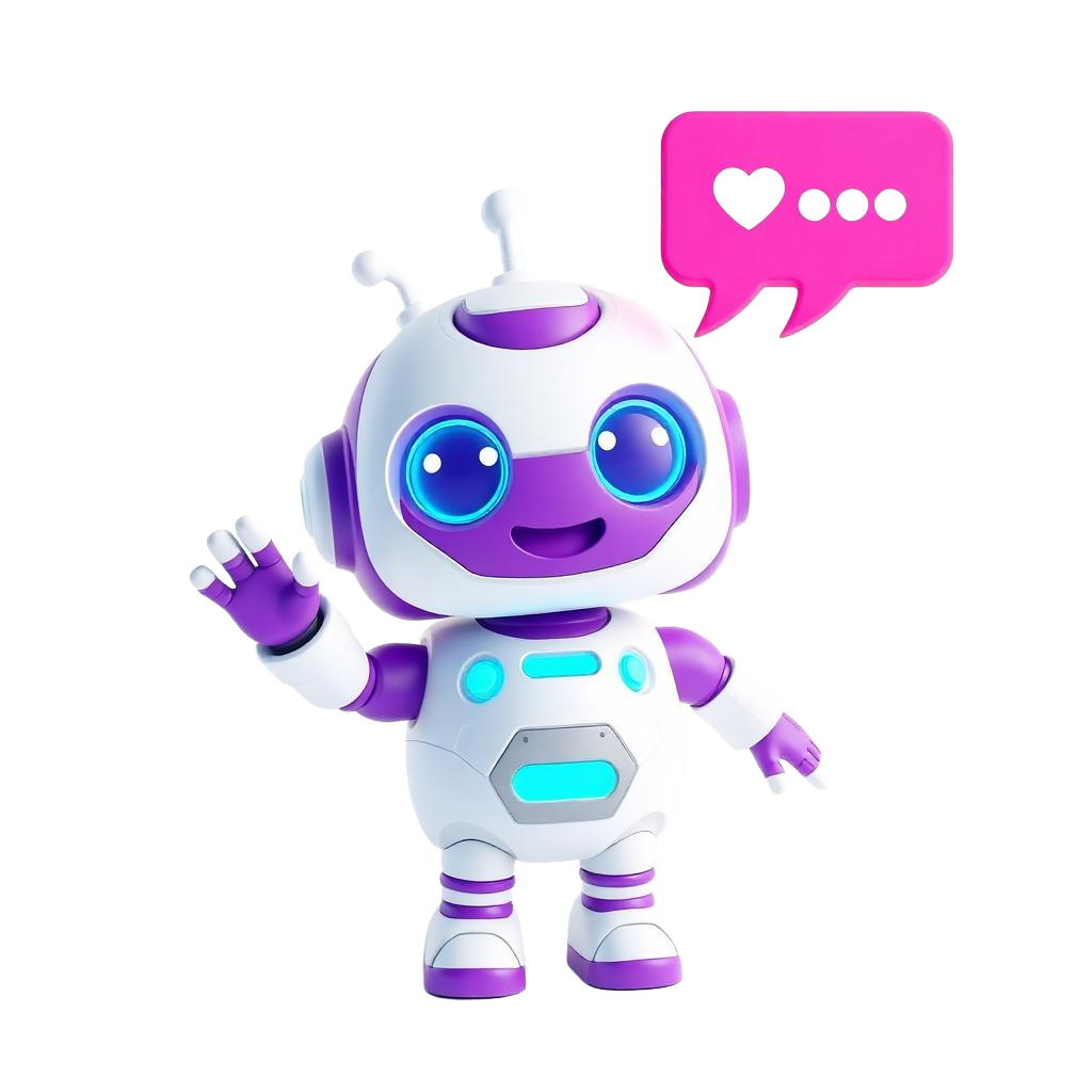 Purple chatbot mascot with chat bubbles