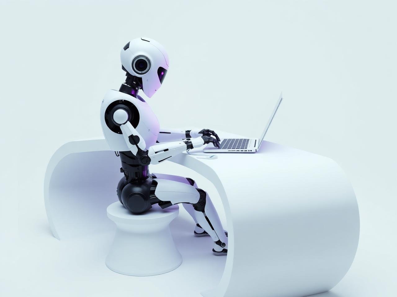 Robot working on a laptop at a modern desk