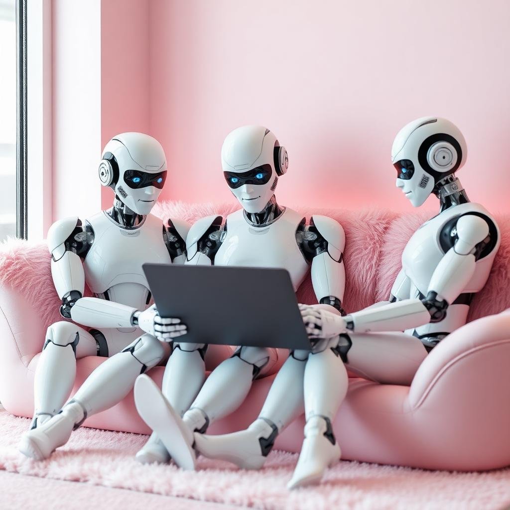 Humanoid robots collaborating on a laptop in a pastel office